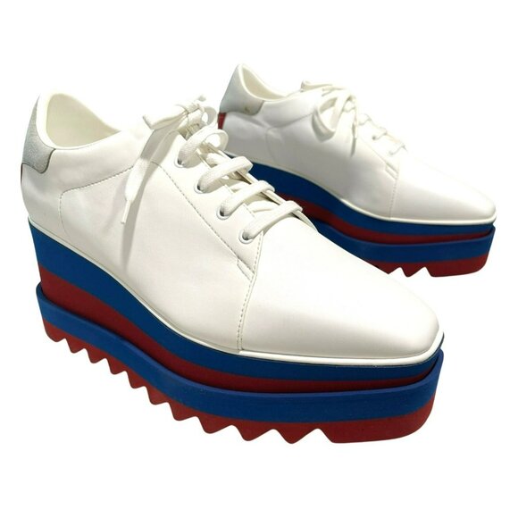 NEW Stella McCartney Logo Elyse White Platform Sneakers Size 8 Red Blue Soles - Picture 1 of 11